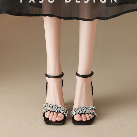 羊皮【方巷大叔】2026春季新款凉鞋方头水钻脚腕带通勤高跟鞋女款