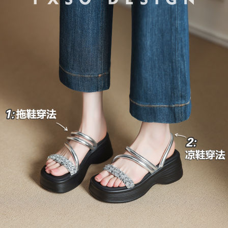 真皮方巷大叔2026水钻厚底一字拖女夏防滑两穿仙女风增高凉拖鞋子