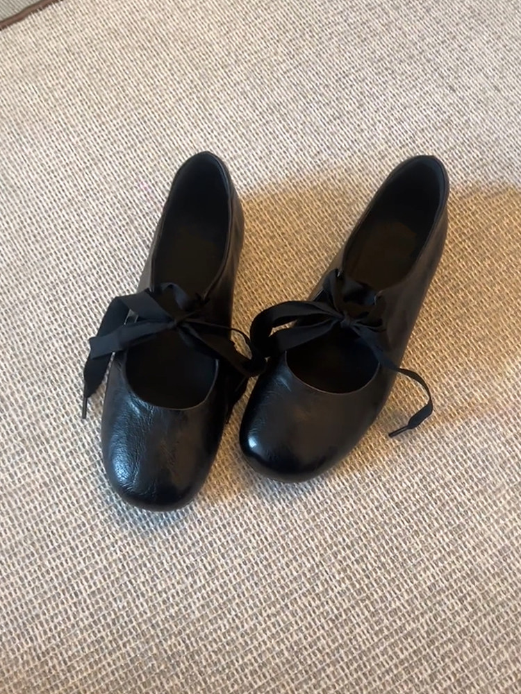 羊皮版~系带蝴蝶结玛丽珍鞋女内增高圆头简约复古真皮小皮鞋主图