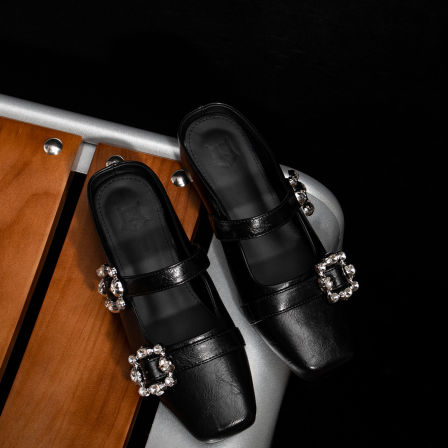 老喵的店 法式方头一字带玛丽珍单鞋女春夏新款软底水钻豆豆半拖