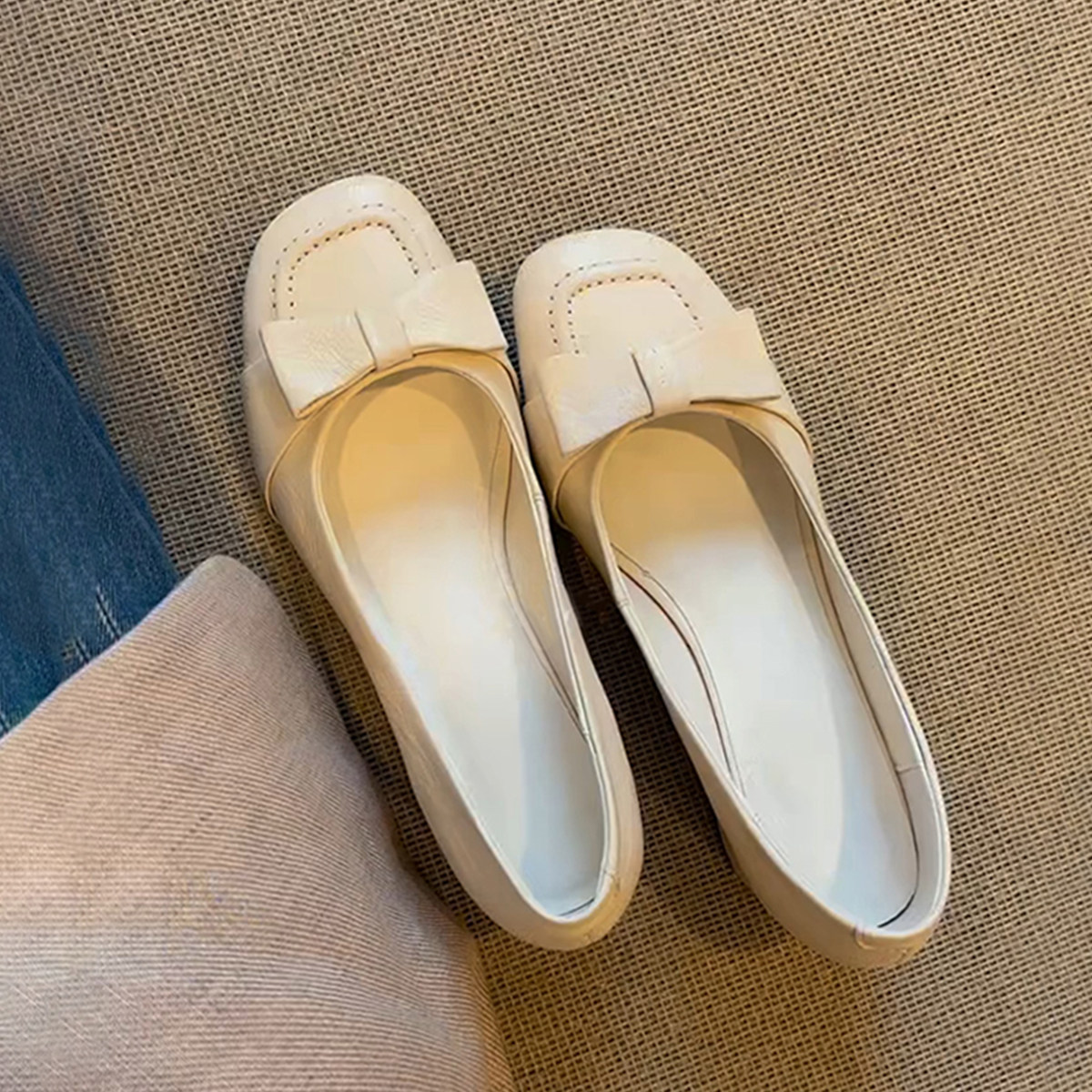 羊皮版~温柔优雅方头芭蕾风通勤鞋女蝴蝶结真皮浅口中跟气质单鞋主图