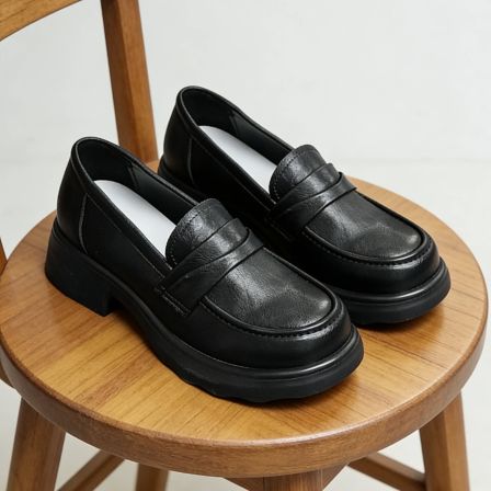 英伦风厚底乐福鞋黑色一脚蹬通勤百搭舒适单鞋学院风真皮粗跟女鞋