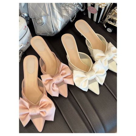 游鹿鹿 26春夏新款蝴蝶结网纱尖头猫跟鞋女浅口百搭细跟中跟包鞋