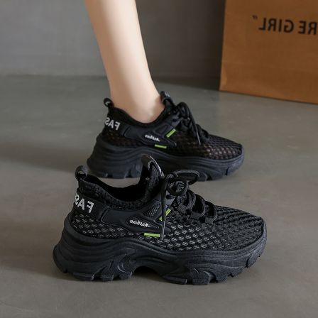 女鞋黑色运动鞋女夏季透气镂空薄款厚底老爹鞋不累脚上班工作网鞋