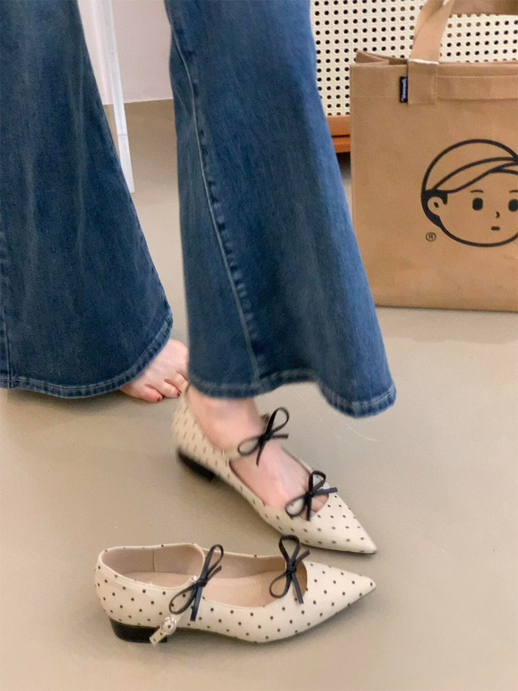 羊皮版~甜美波点蝴蝶结玛丽珍鞋女尖头平底仙女风温柔一字带单鞋主图