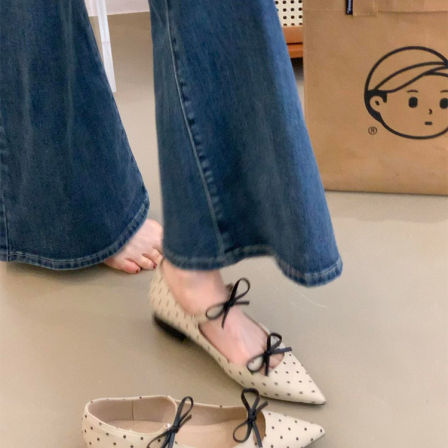 羊皮版~甜美波点蝴蝶结玛丽珍鞋女尖头平底仙女风温柔一字带单鞋