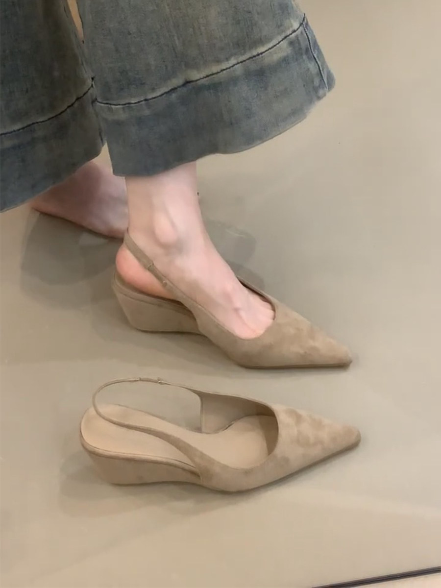 羊皮版~法式气质绒面坡跟包头凉鞋后空一字带百搭浅口尖头单鞋女主图