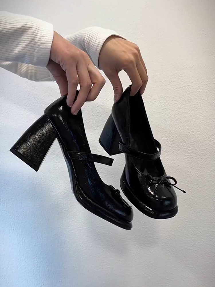 羊皮版~法式真皮方头高跟玛丽珍鞋女蝴蝶结一字带小个子增高单鞋主图