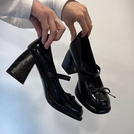 羊皮版~法式真皮方头高跟玛丽珍鞋女蝴蝶结一字带小个子增高单鞋