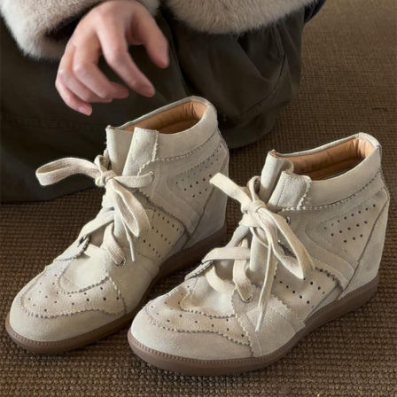 羊皮版~内增高磨砂皮小众重工高帮鞋女系带显瘦休闲鞋短筒马丁靴