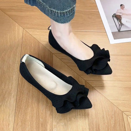 羊皮版~法式尖头荷叶边内增高单鞋女浅口奶奶鞋通勤一脚蹬蛋卷鞋