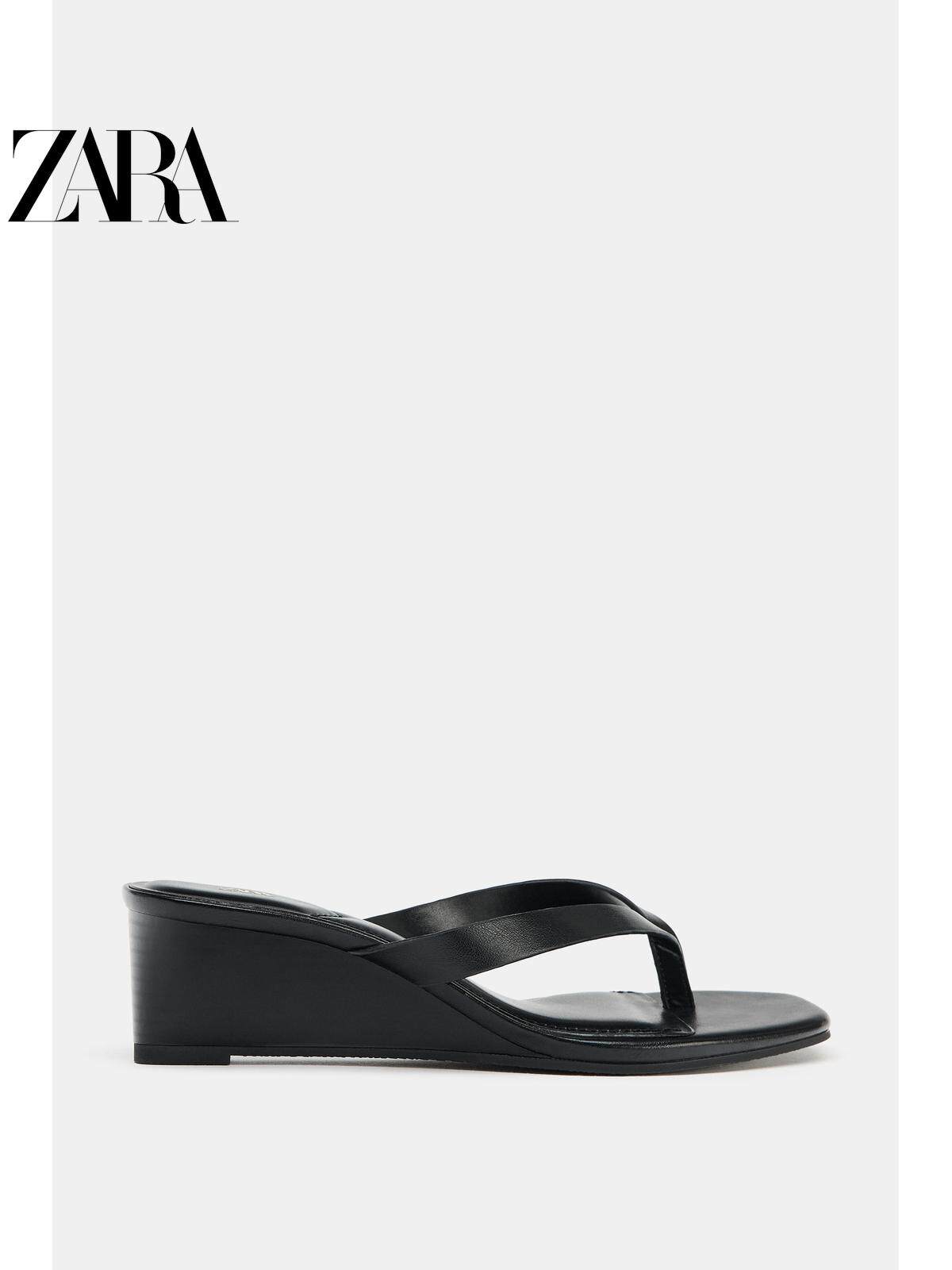 ZARA2026春夏新品 女鞋 黑色带饰夹脚方头坡跟凉鞋 2341710 800主图