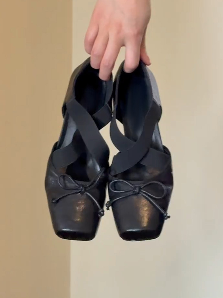 羊皮版~文艺复古风交叉带中空单鞋女方头真皮蝴蝶结中跟玛丽珍鞋主图