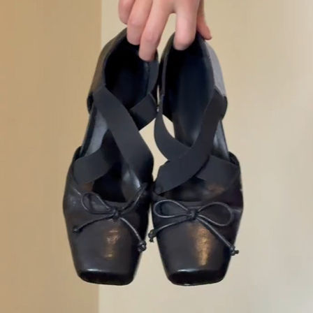 羊皮版~文艺复古风交叉带中空单鞋女方头真皮蝴蝶结中跟玛丽珍鞋