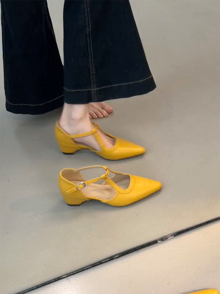 羊皮版~知性风尖头玛丽珍鞋女百搭简约镂空内增高浅口优雅单鞋夏主图