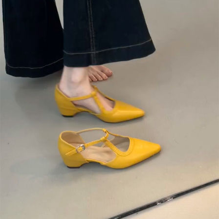 羊皮版~知性风尖头玛丽珍鞋女百搭简约镂空内增高浅口优雅单鞋夏