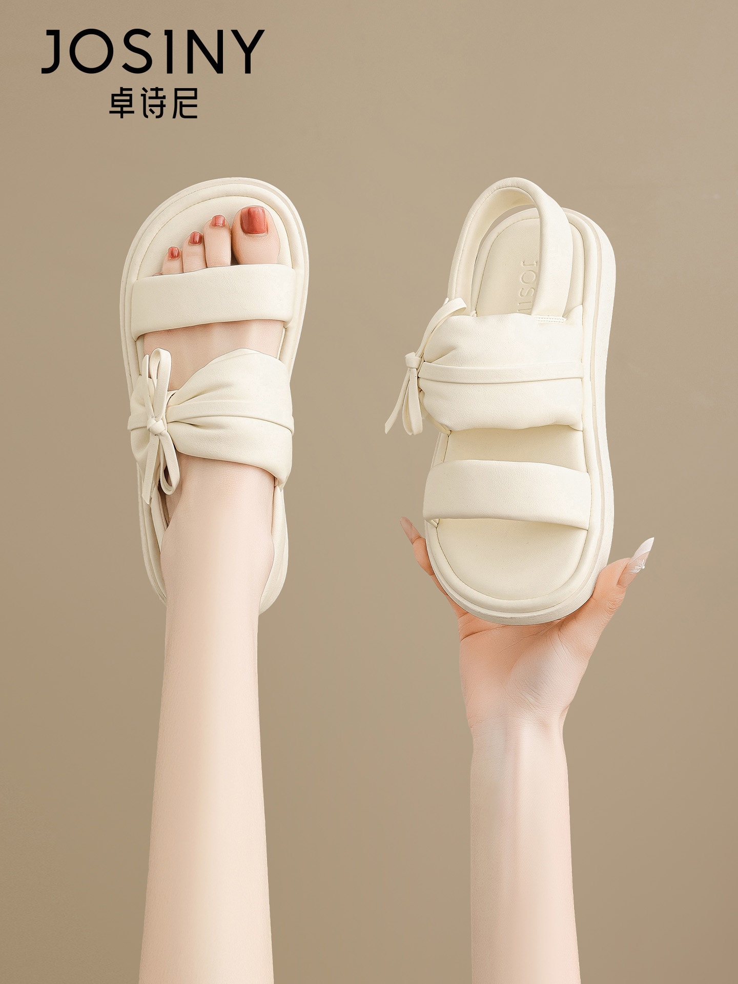 卓诗尼厚底凉鞋女款2026夏季新款软底百搭蝴蝶结绝美不累脚沙滩鞋主图
