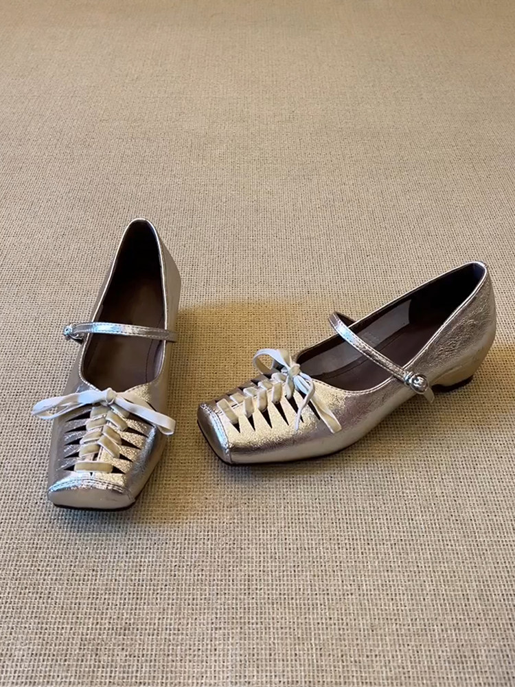 羊皮版~法式内增高真皮编织小众镂空芭蕾舞鞋女一字带蝴蝶结单鞋主图