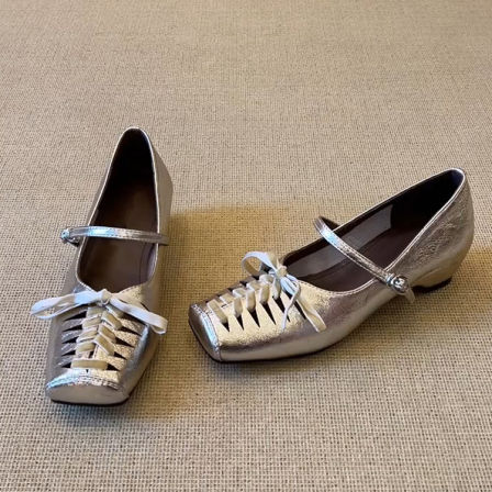 羊皮版~法式内增高真皮编织小众镂空芭蕾舞鞋女一字带蝴蝶结单鞋