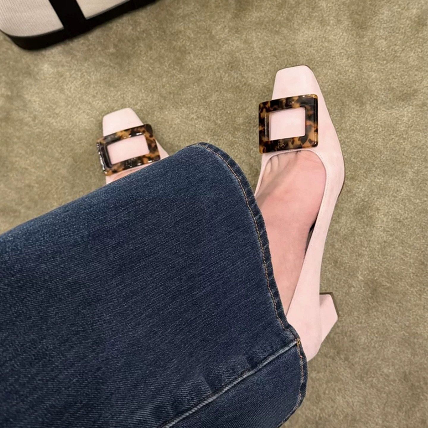 羊皮版~方头法式粉色高跟鞋女名媛气质浅口通勤豹纹方扣粗跟单鞋主图