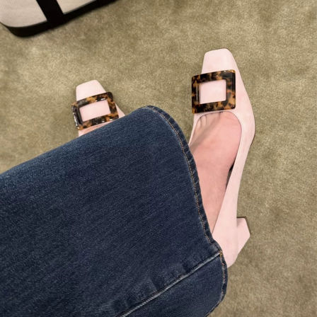 羊皮版~方头法式粉色高跟鞋女名媛气质浅口通勤豹纹方扣粗跟单鞋