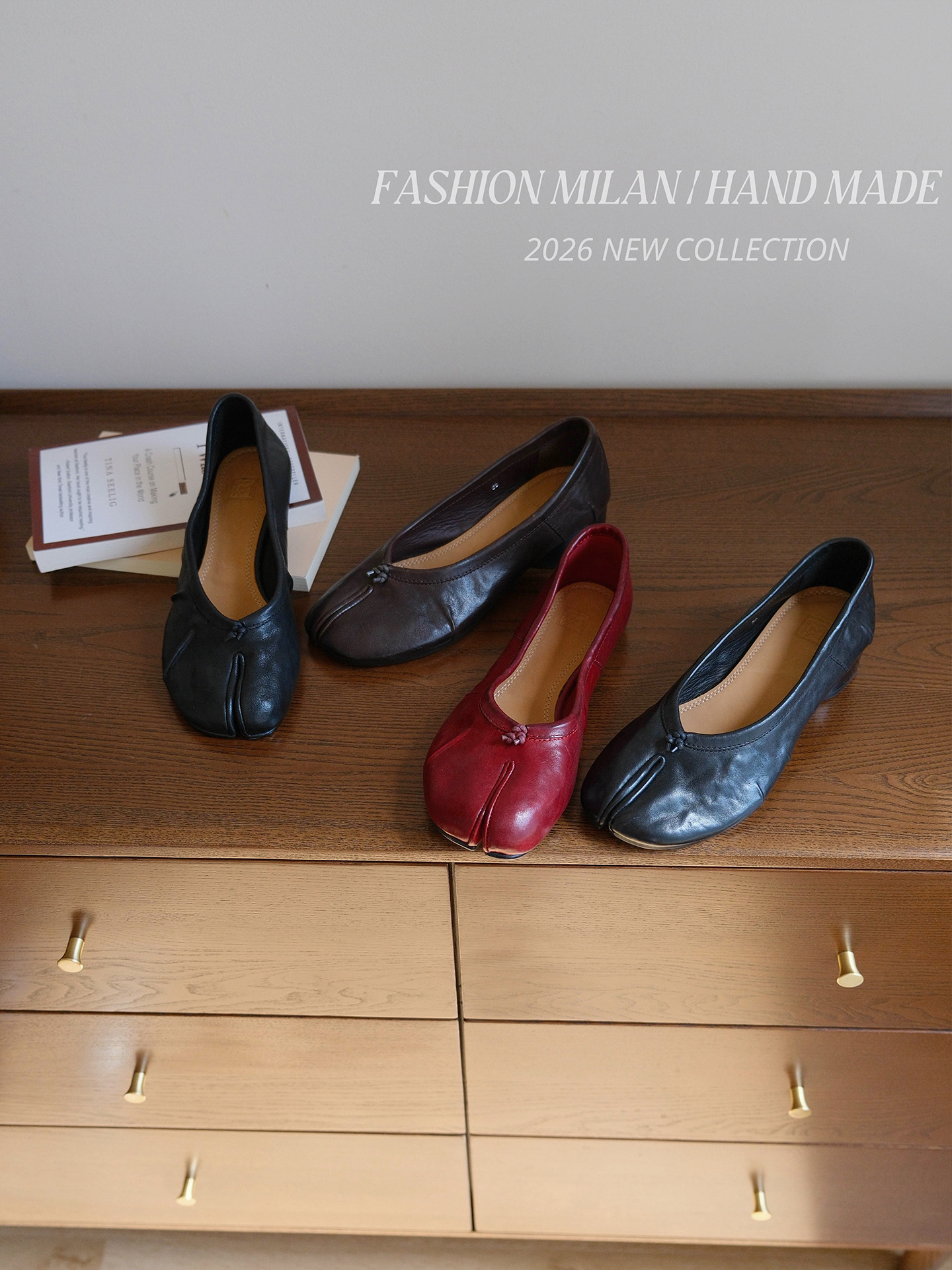 F.M复古马皮水洗褶皱芭蕾分趾鞋女粗跟浅口平底单鞋马蹄猪蹄鞋主图