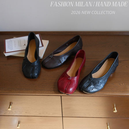 F.M复古马皮水洗褶皱芭蕾分趾鞋女粗跟浅口平底单鞋马蹄猪蹄鞋