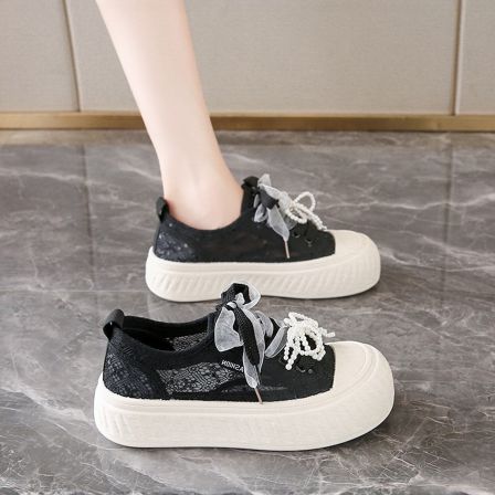 帆布鞋女2026新款春秋透气薄款网面网鞋黑色蕾丝厚底运动休闲板鞋