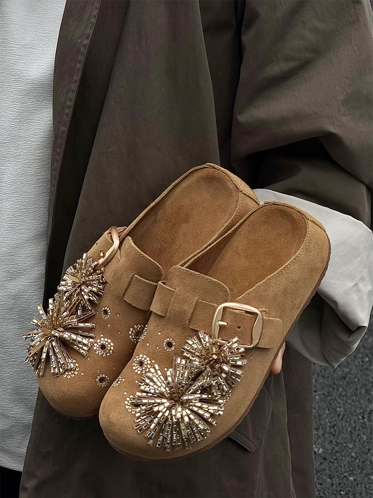 绝美水钻烟花朵勃肯单鞋女外穿2026新款一脚蹬厚底包头半拖穆勒鞋主图