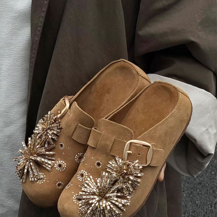 绝美水钻烟花朵勃肯单鞋女外穿2026新款一脚蹬厚底包头半拖穆勒鞋