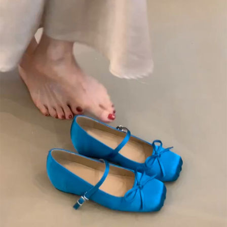 羊皮版~绸缎面甜美风内增高蝴蝶结玛丽珍鞋女一字扣带浅口芭蕾鞋