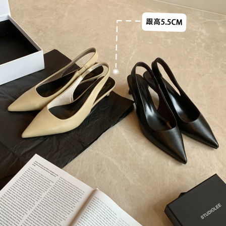 葡萄妈studiolee气质尖头单鞋小猫跟浅口后空高跟鞋女春季新款