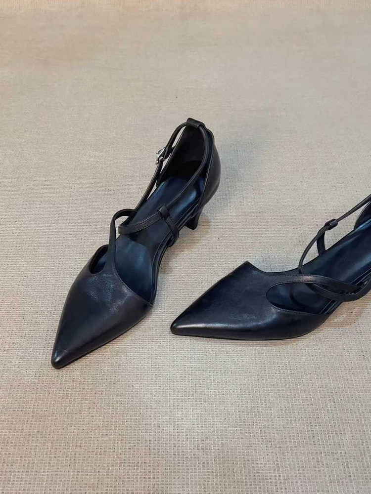 羊皮版~简约风尖头交叉带扣高跟鞋女高级中空名媛风气质优雅凉鞋主图