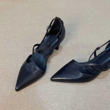 羊皮版~简约风尖头交叉带扣高跟鞋女高级中空名媛风气质优雅凉鞋