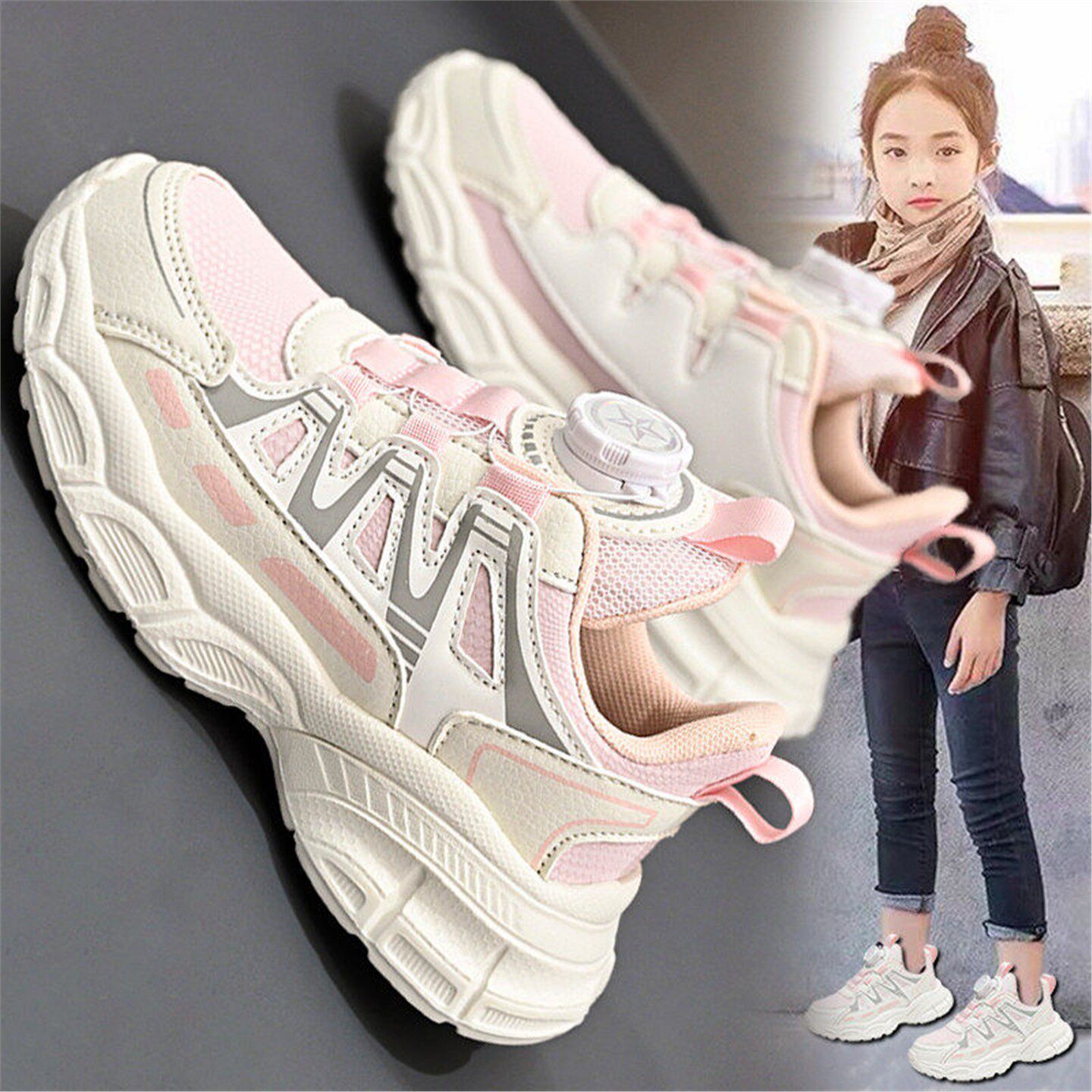 免系带女鞋2026新款春秋大童女孩网面初中学生运动鞋跑步减震轻便主图