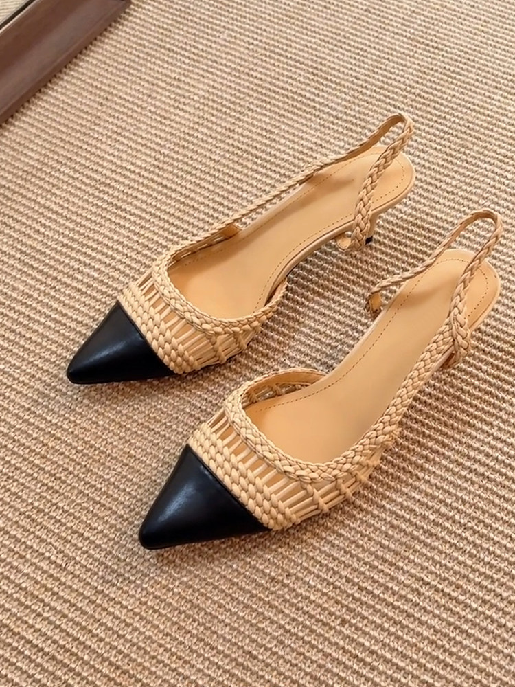 羊皮版~法式复古风小众时尚拼色镂空编织包头凉鞋女气质显瘦单鞋主图