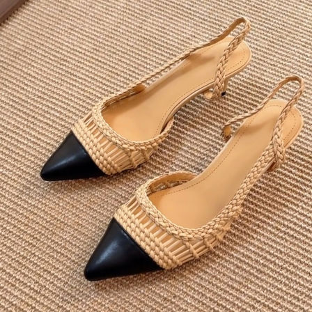 羊皮版~法式复古风小众时尚拼色镂空编织包头凉鞋女气质显瘦单鞋