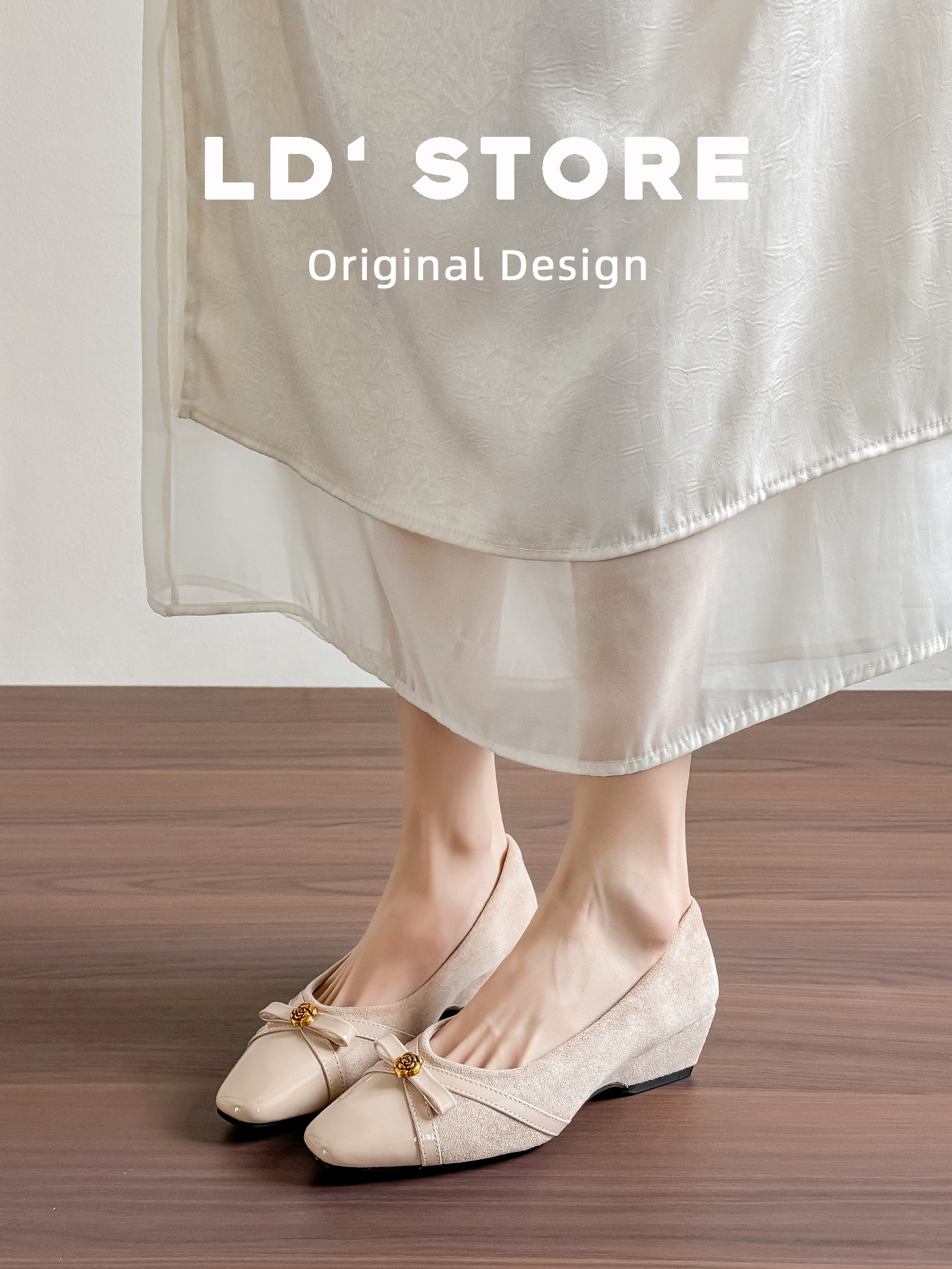 真皮~法式蝴蝶结坡跟单鞋女2026春新款一脚蹬通勤山茶花玛丽珍鞋主图