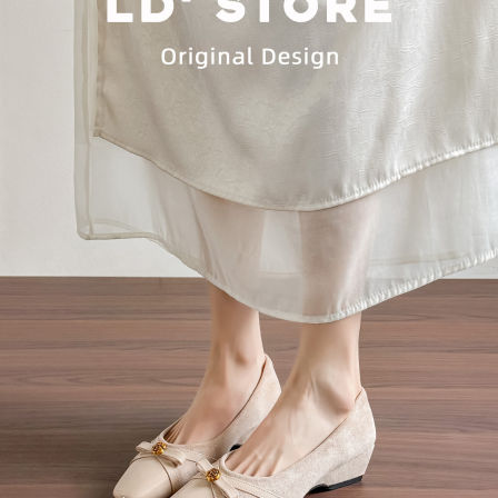 真皮~法式蝴蝶结坡跟单鞋女2026春新款一脚蹬通勤山茶花玛丽珍鞋