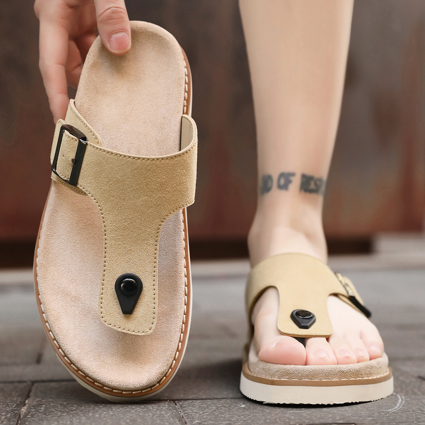 高端人字拖男夏季外穿真皮夹脚运动软底防滑耐磨防臭沙滩越南拖鞋主图