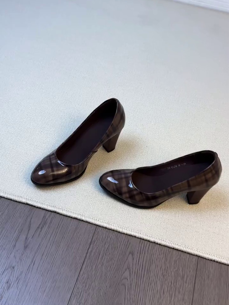 Wheat house ~！气质格子纹理玛丽珍高跟鞋女圆头一脚蹬粗跟单鞋主图