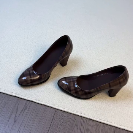 Wheat house ~！气质格子纹理玛丽珍高跟鞋女圆头一脚蹬粗跟单鞋