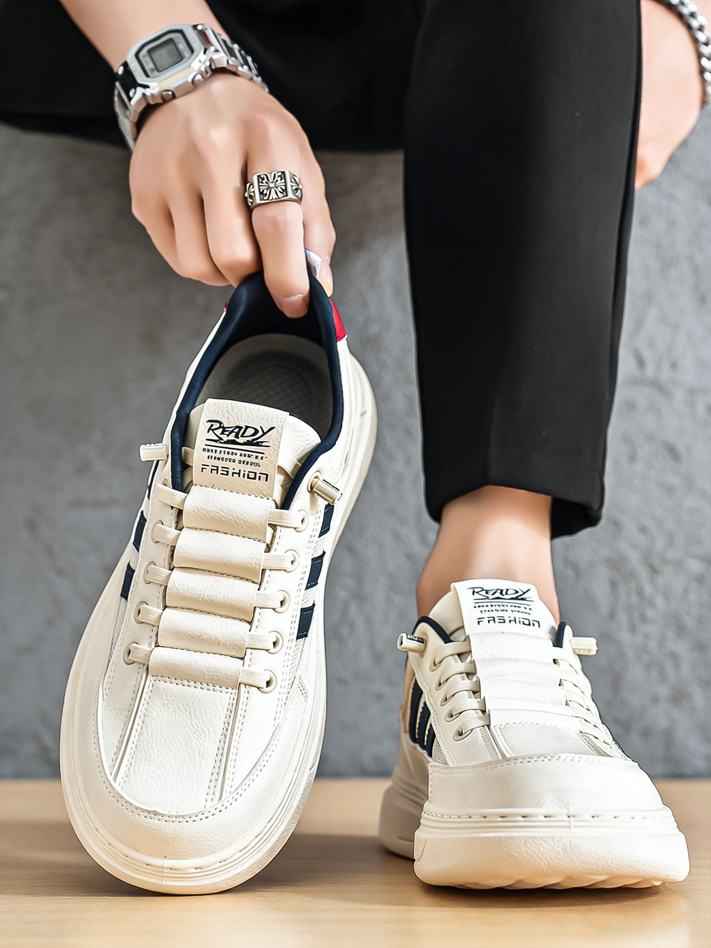 2026新款休闲鞋男鞋潮牌高级感不系带小白鞋夏天网面透气男士板鞋主图