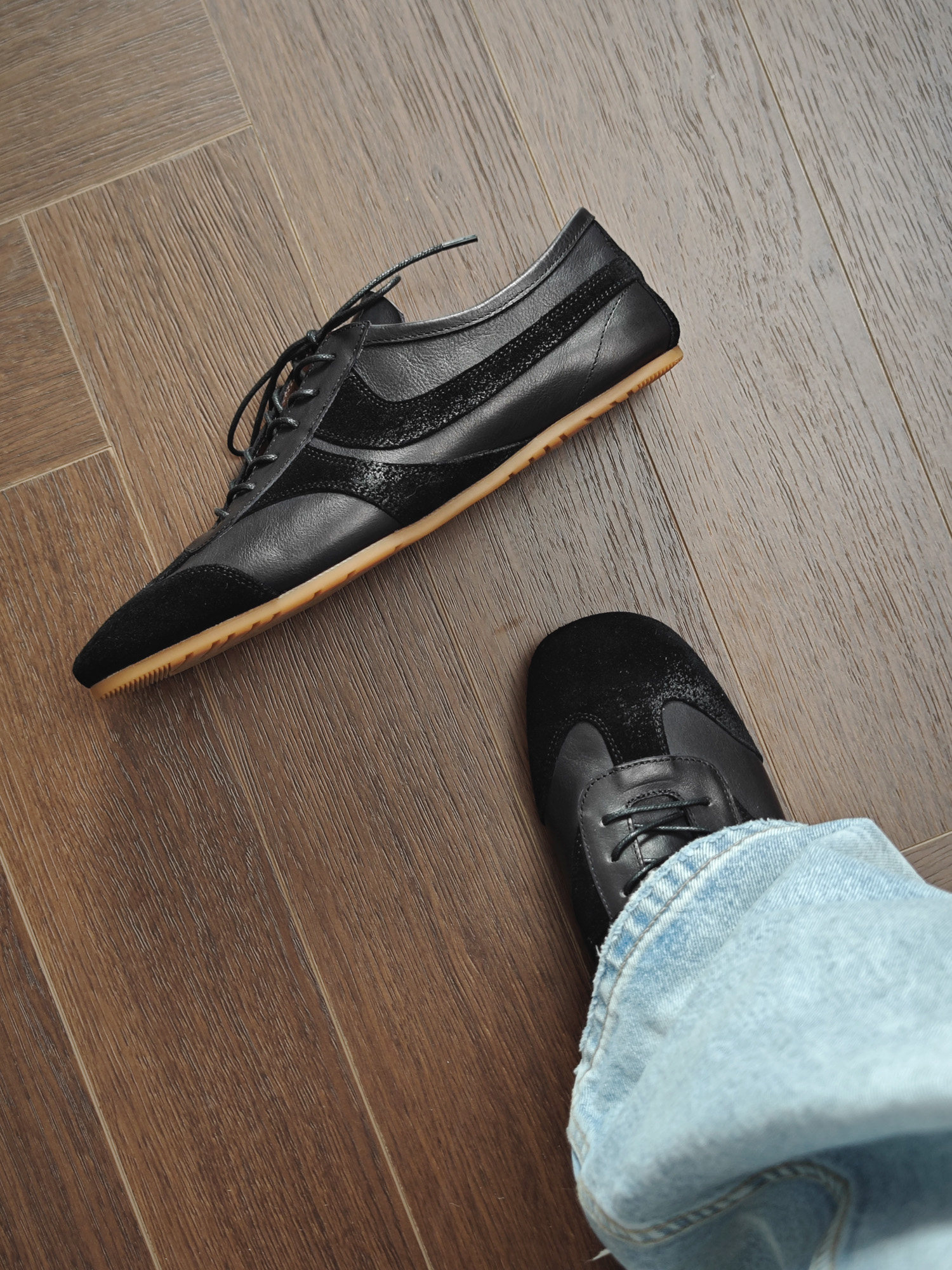 TBOF【松弛感】黑色方头休闲德训鞋男2026春夏新款透气牛皮薄底鞋主图