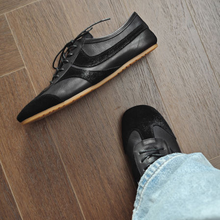 TBOF【松弛感】黑色方头休闲德训鞋男2026春夏新款透气牛皮薄底鞋