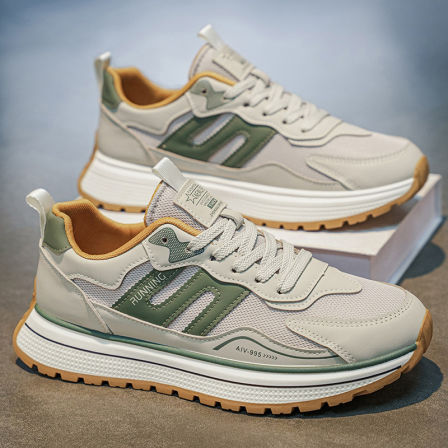 网红爆款男鞋春季防滑跑步运动鞋男生舒适休闲皮面阿甘厚底老爹鞋