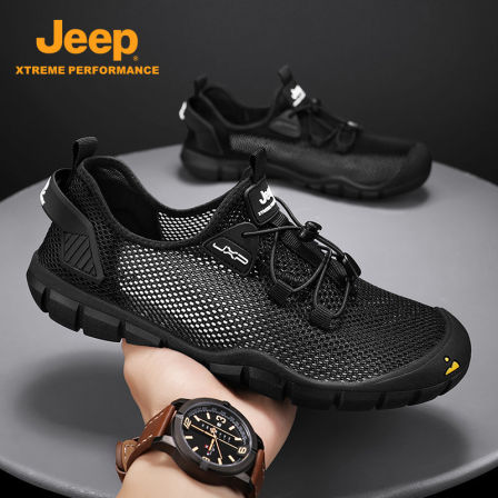 jeep透气男鞋免系带一脚蹬运动徒步登山鞋男款夏季透气网面溯溪鞋