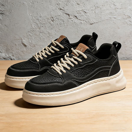 春季鞋子男鞋2026新款皮面防水黑色板鞋男士增高厚底高级感小白鞋