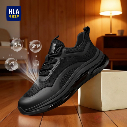 海澜之家黑武士男鞋2026新款网面透气运动网鞋黑色旅游气垫跑步鞋