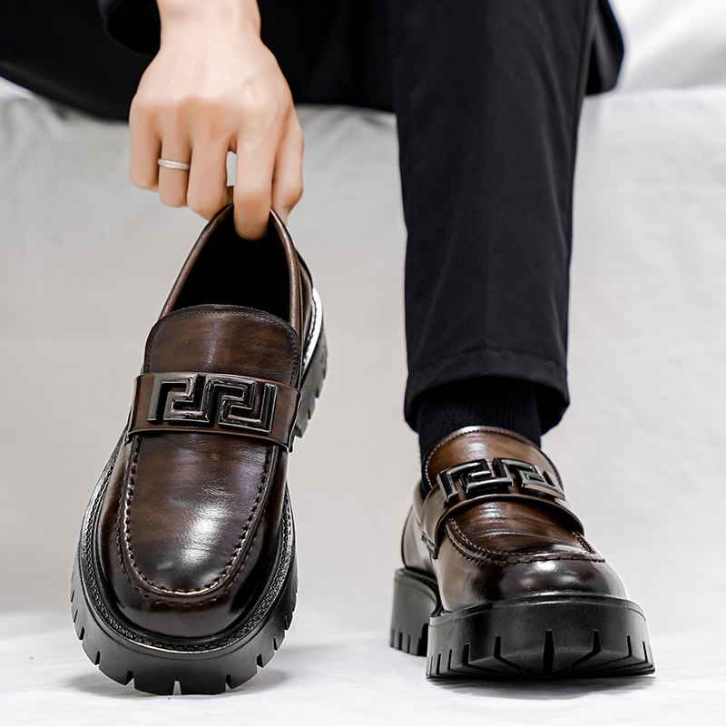 皮鞋男夏季懒人一脚蹬乐福鞋百搭休闲韩版厚底内增高新郎结婚鞋子主图